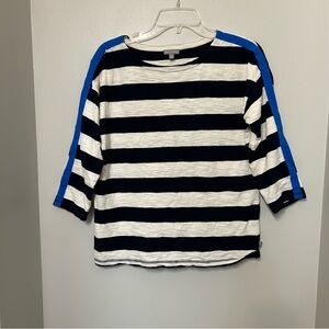 T by Talbots White Navy Blue Striped Boat Neck Top 3/4 Sleeves 100% Cotton Small